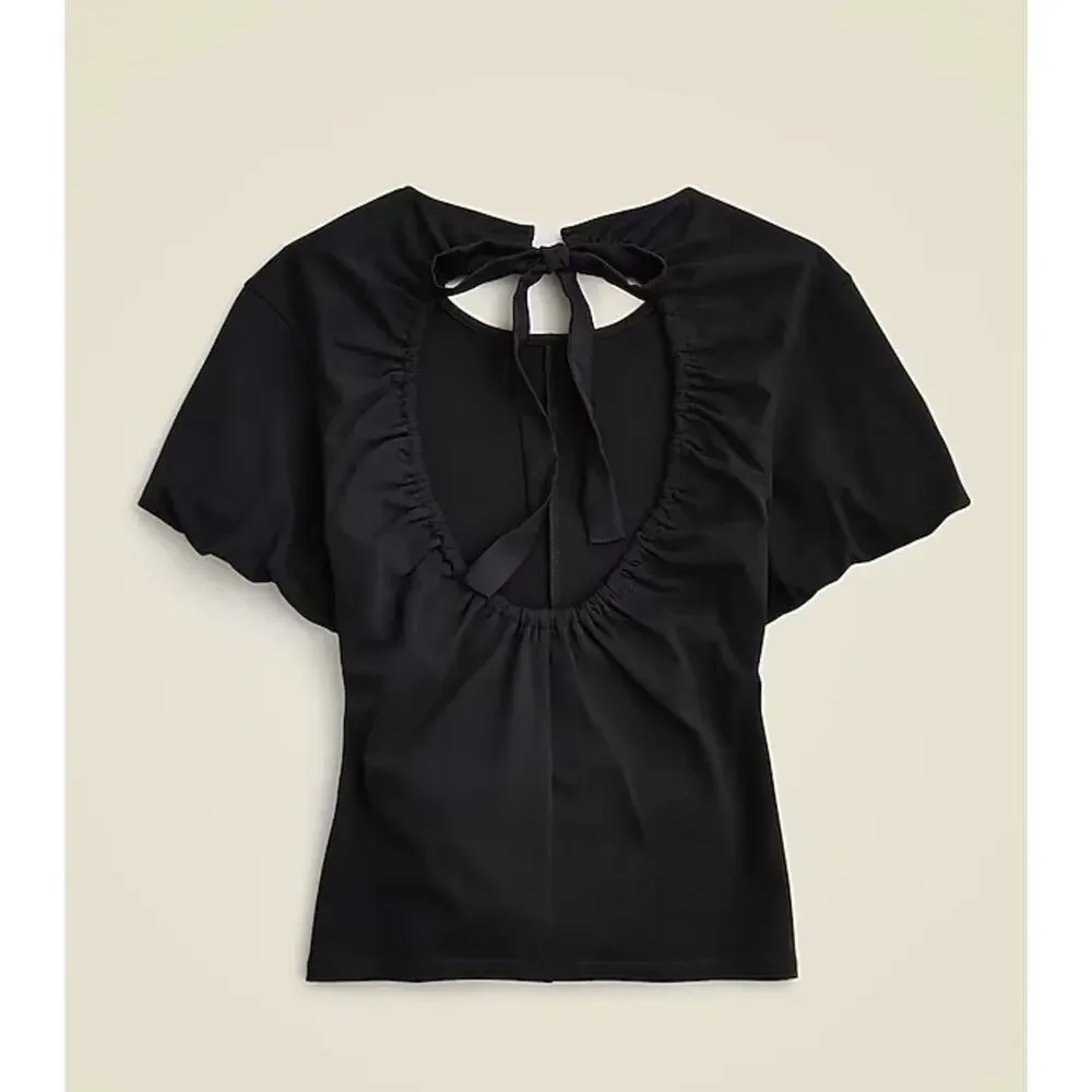 J.Crew Open Back Puff Sleeve Top Stretch Cotton Satin Bow Preppy Small NWT